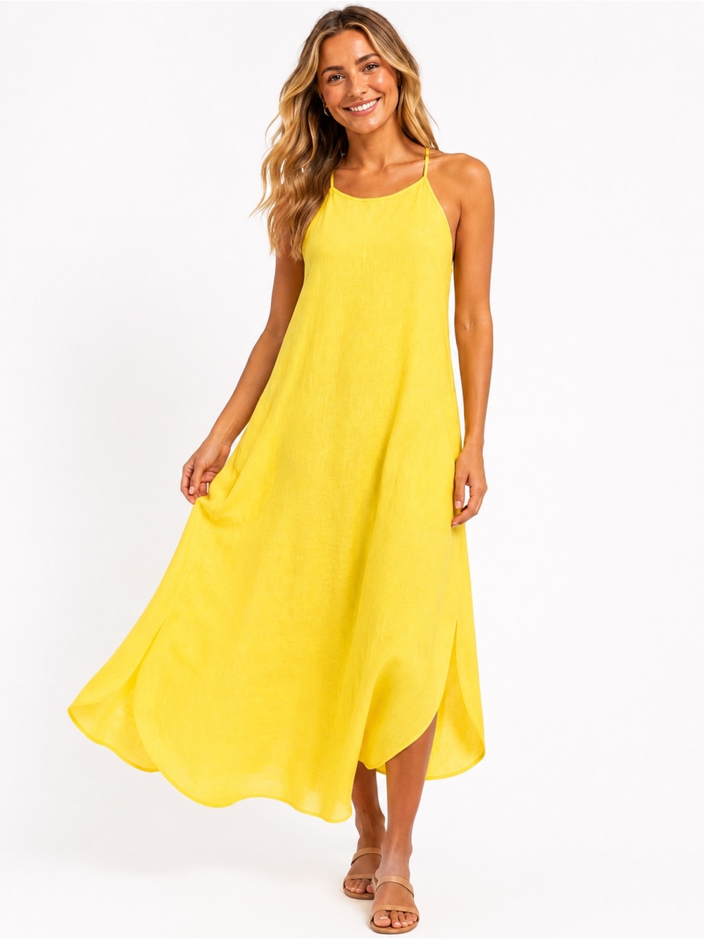 LAURA BIANCHI 100% Linen Made In Italy Yellow Maxi Dress Women’s Size Small